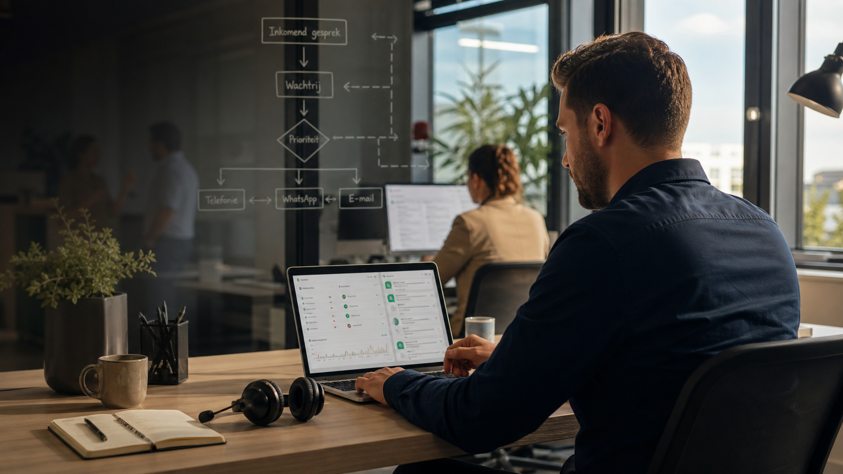 Service operations desk met klantcontactkanalen en wachtrij-overzicht