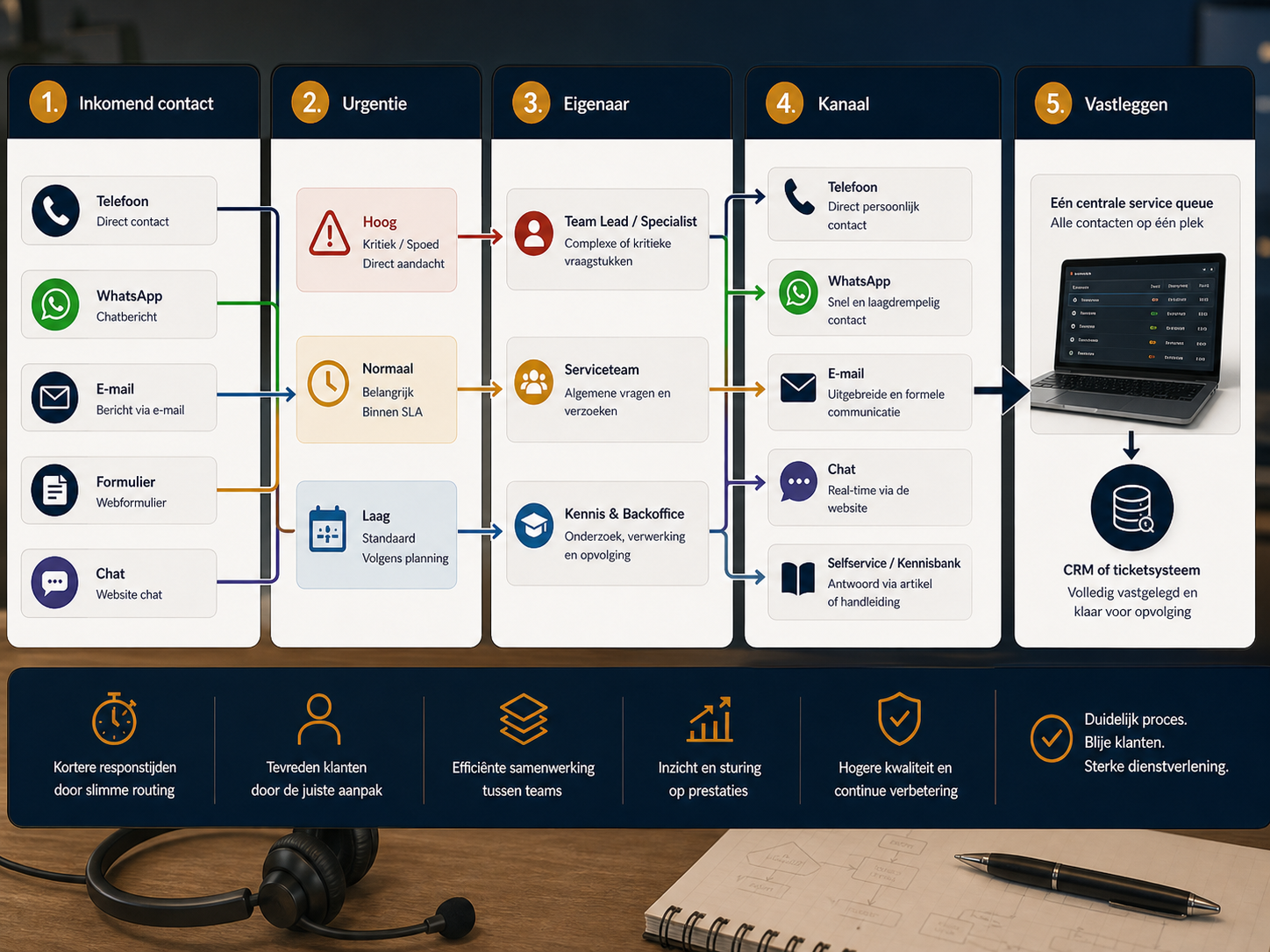 Infographic met vijf stappen voor een effectieve klantenservicelijn